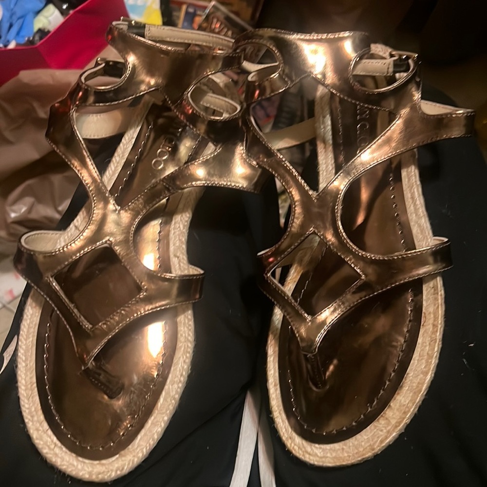 Jimmy Choo bronze leather gladiator strappy flat sandals